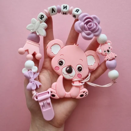 Іменний силіконовий гризунець «Коала» (Rose Quartz) : Дизайн тримача Quartz Коали - Лаванда | Rose Quartz | Білий