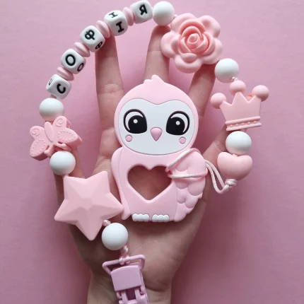Іменний силіконовий гризунець «Сова» (Rose Quartz) : Дизайн тримача Rose Quartz Сови - Білий | Rose Quartz