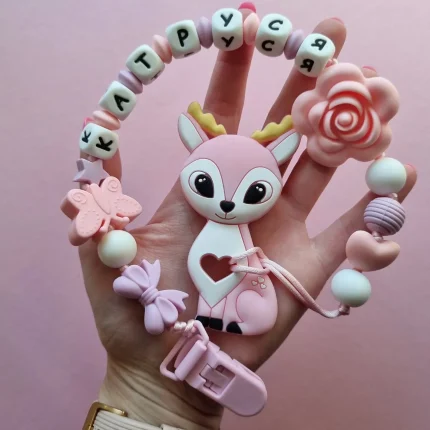Іменний силіконовий гризунець «Оленятко» (Rose Quartz) : Дизайн тримача Quartz Оленятка - Лаванда | Білй | Rose Quartz
