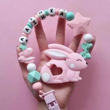 Іменний силіконовий гризунець «Зайчик» (Rose Quartz) : Дизайн тримача Quartz Зайчика - Білий | М'ятний | Rose Quartz