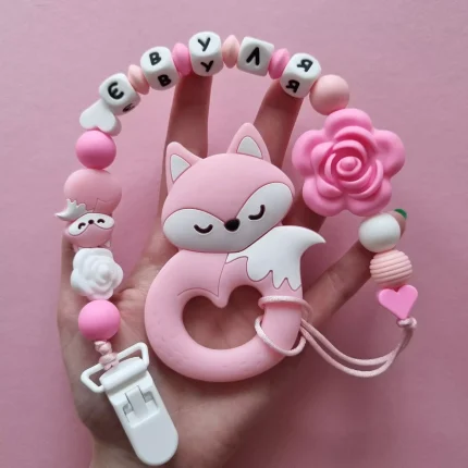 Іменний силіконовий гризунець «Лисичка» (Rose Quartz) : Дизайн тримача Quartz Лисички - Рожевий | Білий | Rose Quartz
