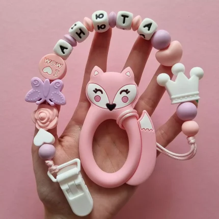 Іменний силіконовий гризунець «Лисичка кільцем» (Rose Quartz) : Дизайн тримача Quartz Лисички кільцем - Лаванда | Білий | Rose Quartz
