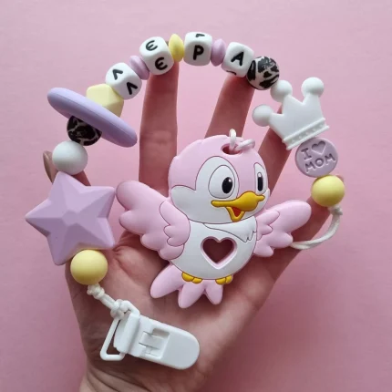 Іменний силіконовий гризунець «Пташка» (Rose Quartz) : Дизайн тримача Rose Quartz Пташки - Кремовий | Лаванда | Білий