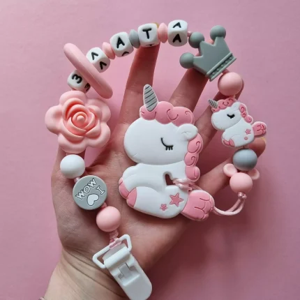 Іменний силіконовий гризунець «Єдиноріг кучер'явий» (Rose Quartz) : Дизайн тримача Quartz Єдинорога кучер'явого - Rose Quartz | Сірий | Білий