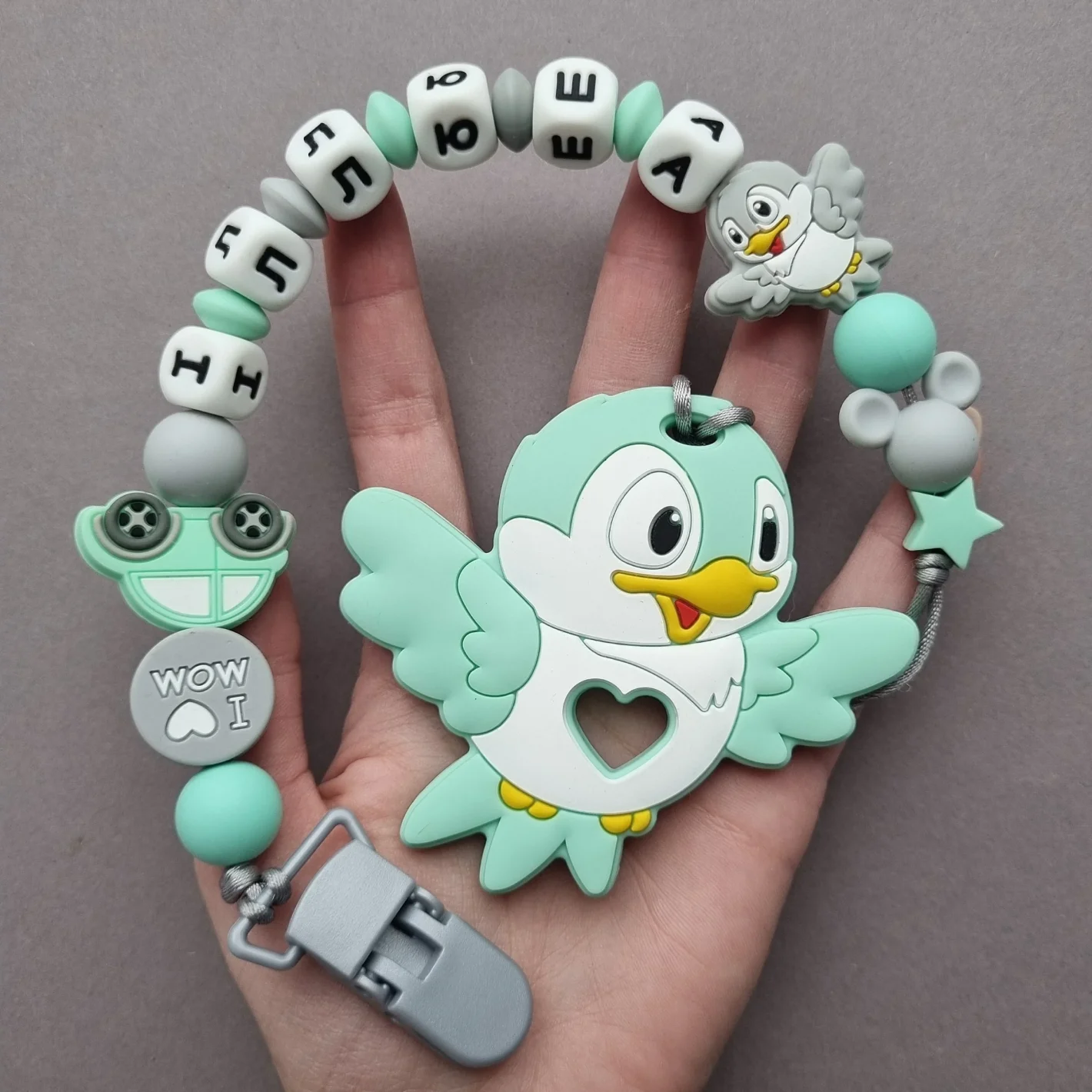 IMG_bird(2) Іменний силіконовий гризунець «Пташка» (М'ятний) : Дизайн тримача м'ятної Пташки - Сірий | М'ятний