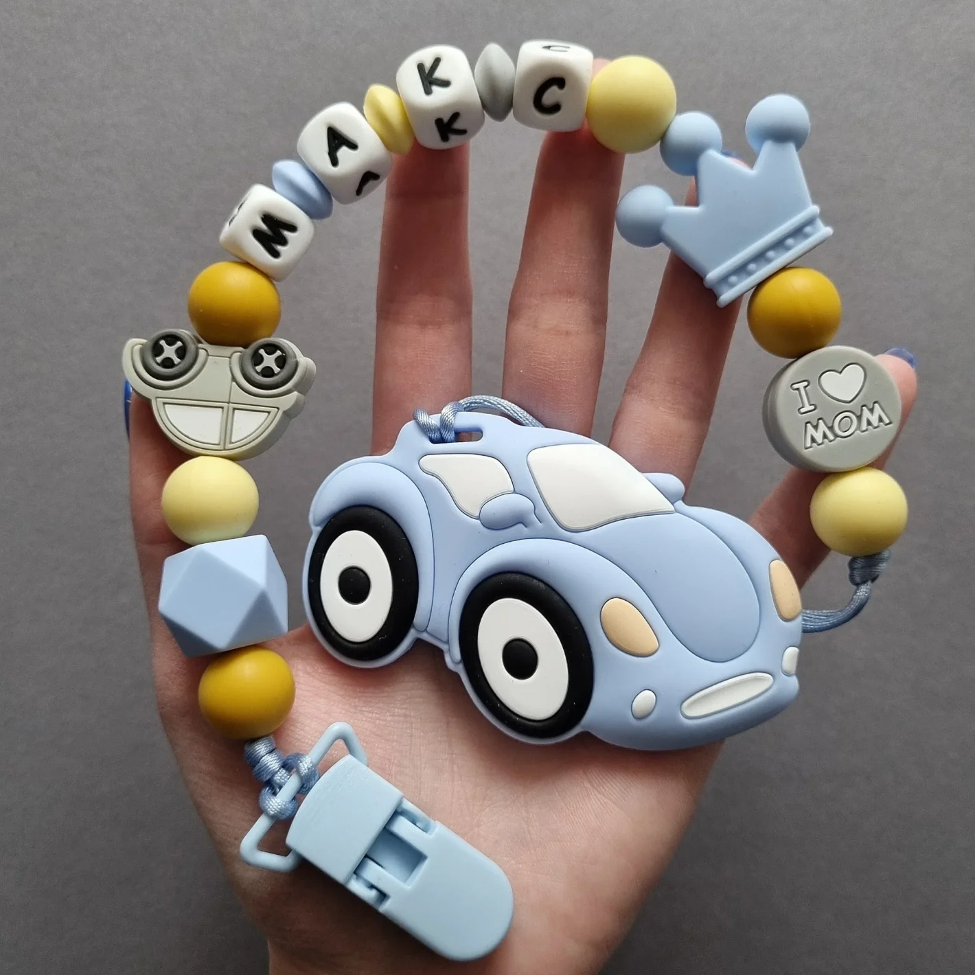 IMG_car(2) Іменний силіконовий гризунець «Спорткар» (Baby blue) : Дизайн тримача Baby blue Спорткару - Гірчичний | Baby blue | Кремовий | Сірий