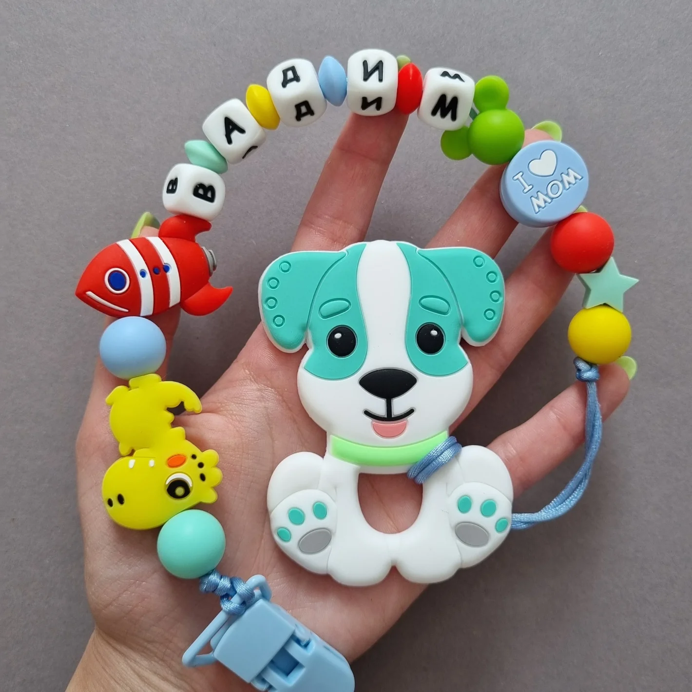 IMG_dog(2) Іменний силіконовий гризунець «Собачка» (Бірюзовий) : Дизайн тримача бірюзової Собачки - М'ятний | Жовтий | Baby blue | Червоний | Зелений